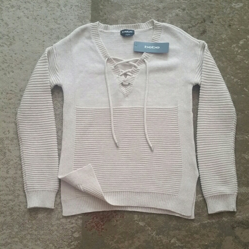 BEBE sexy sweater, Oatmeal knitted+long sleeve